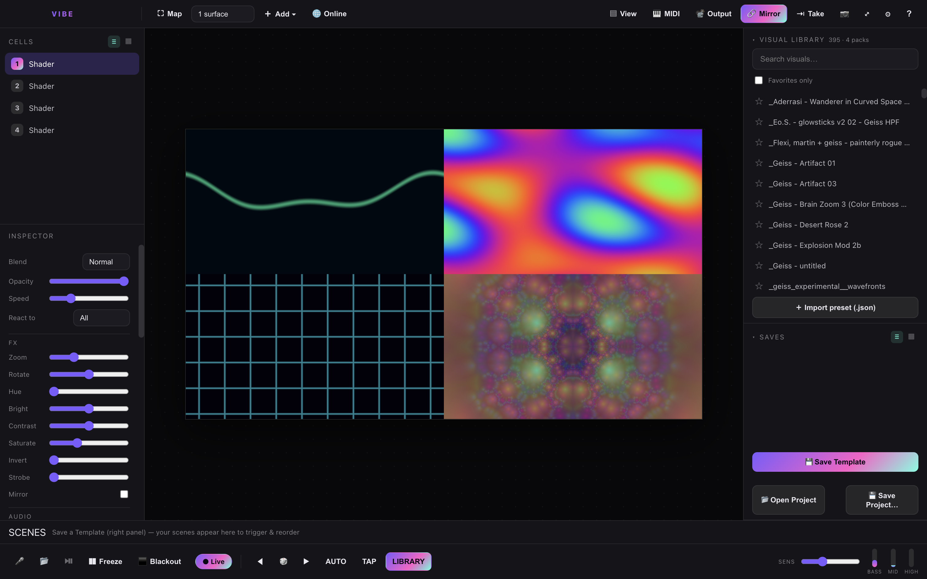 Vibe Visualizer showing a 4-up grid of different visual effects